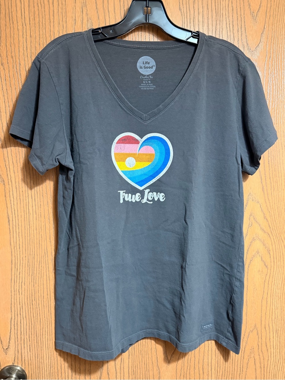 Life Is Good Tee in Gray with V-Neck and Rainbow Heart 'True Love'